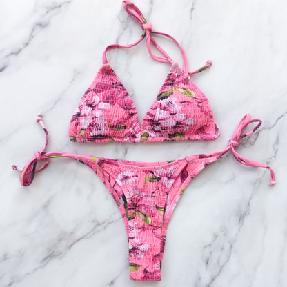 Andrea Pink Floral Triangle Bikini Top