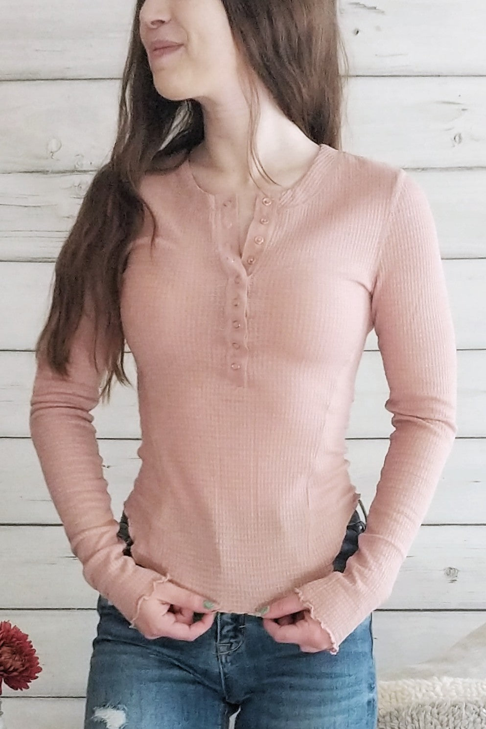 Daydreamer Waffle Henley in Blush
